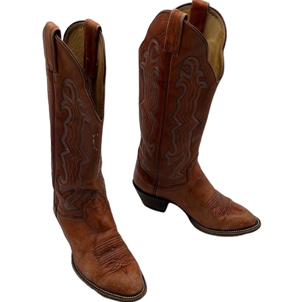 VTG Hondo Red Leather Embroidered Western Tall Cowboy Boots Sz 5 1/2 WEAR